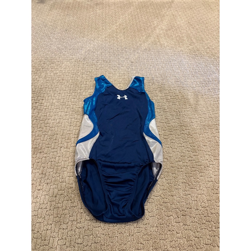 Under Armour Girls Gymnastics child M Leotard Blue Metallic Silver Sleeveless UA